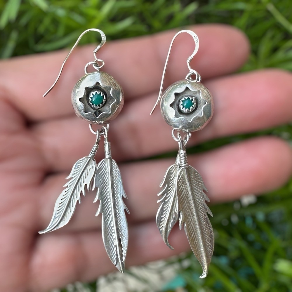 VTG Native American Hook Earrings 2.5 Inch Turquoise‎ Feathers 925 Sterling 9.0g